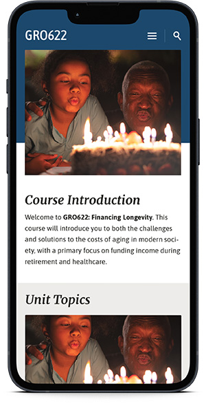 Gerontology class home page on iPhone