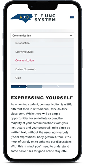 UNC System Online Learning 101 menu on iPhone
