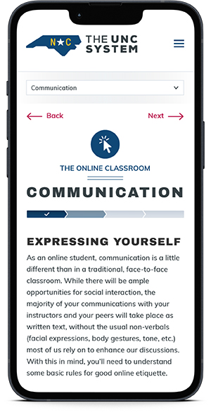 UNC System Online Learning 101 module page on iPhone